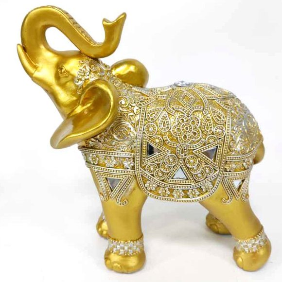 Set Of 2 Feng Shui 9”(H) Gold Color Elephants Statue With Trunk Facing Upwards - Picture 6 of 9